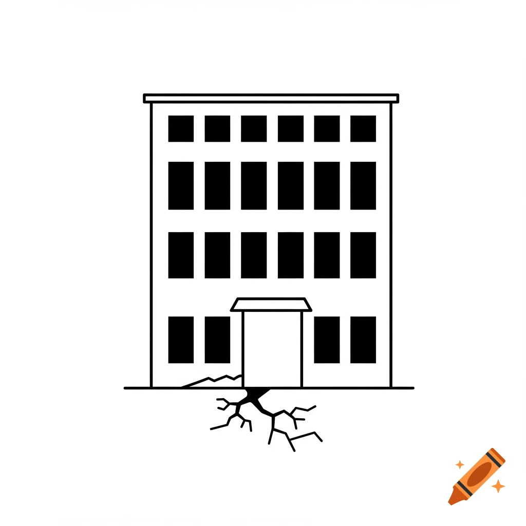 Black and white pictogram of a four-story building with dark windows and a cracked, brittle foundation.