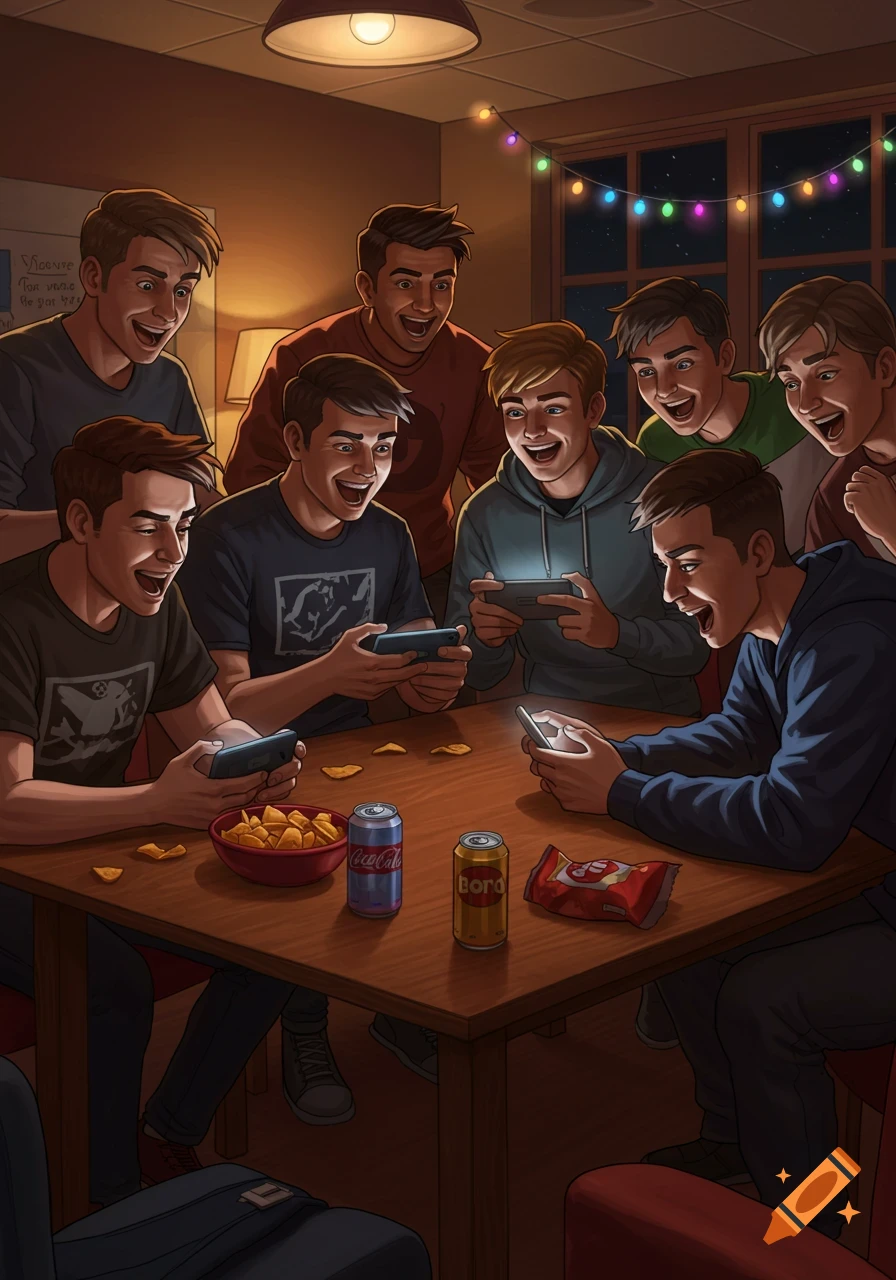 A group of excited young men gathered around a table with snacks and drinks, playing and watching mobile games on their phones, in a cartoonish illustration style.