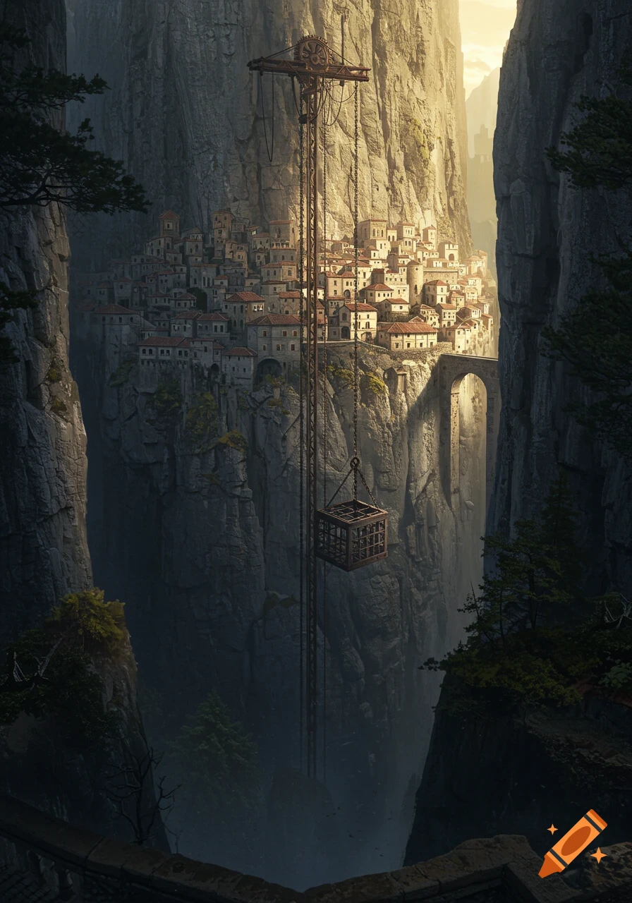 A medieval city built into a towering cliff face overlooks a deep chasm, with a lift and dangling cage. Sunlight illuminates the scene.