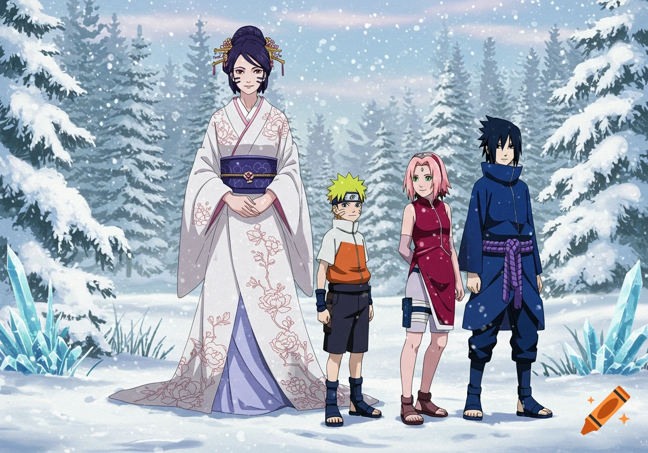 Anime characters Koyuki, Naruto, Sakura, and Sasuke stand in a snowy forest with ice crystals.