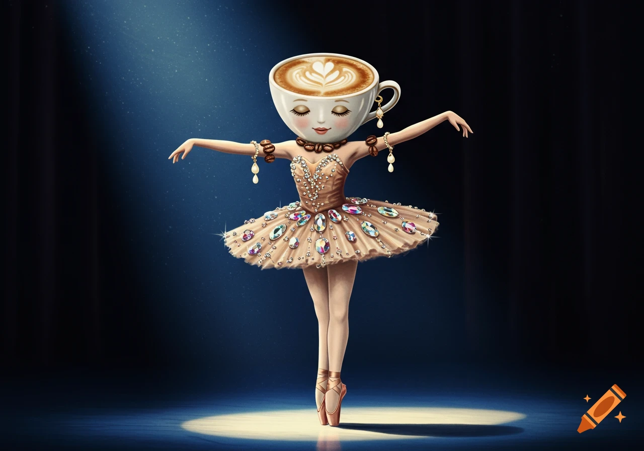 A whimsical ballerina with a cappuccino cup for a head, wearing a jeweled tutu, coffee bean necklace, and milk drop earrings, under a spotlight.