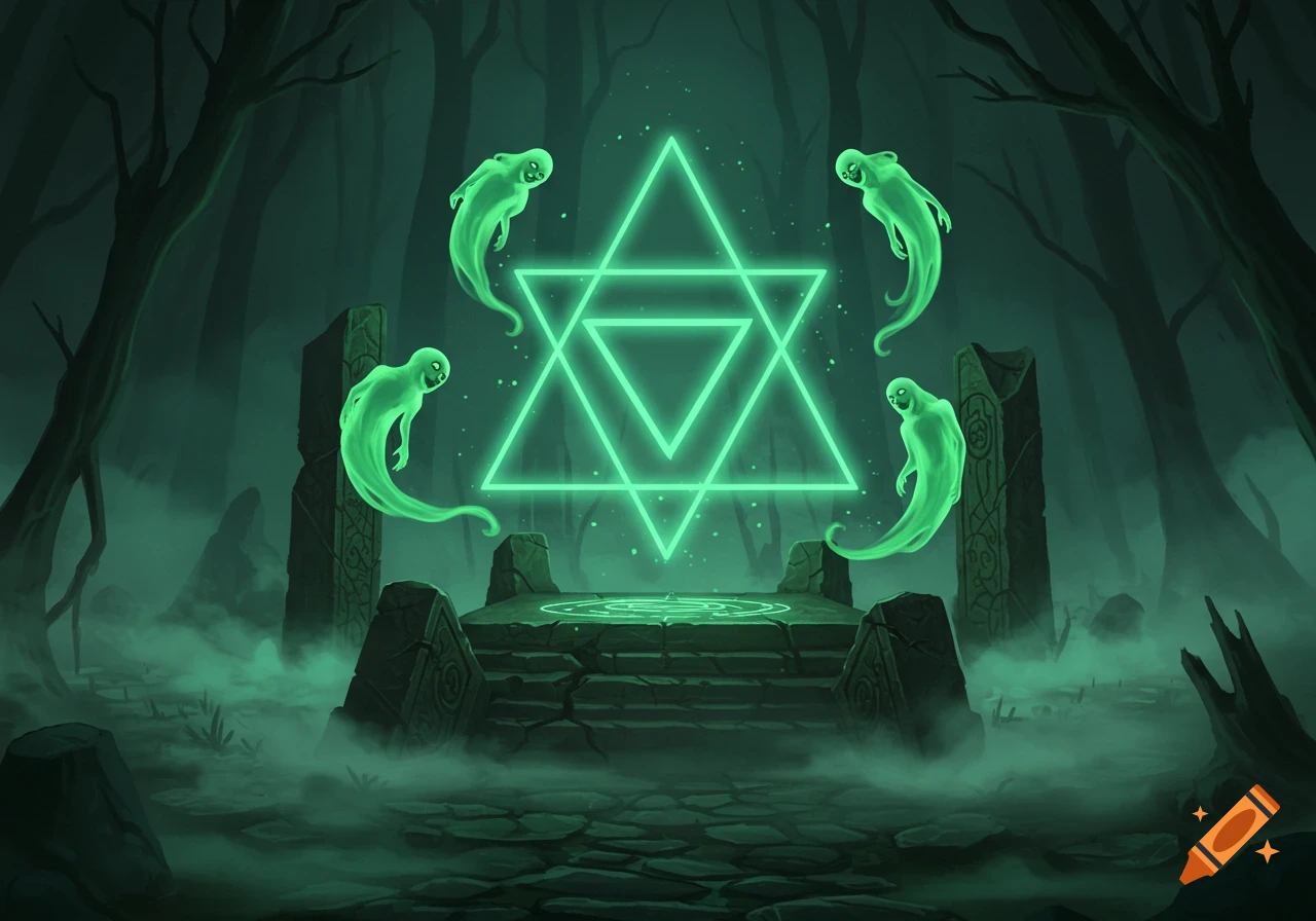 Eerie green glow of a mystical triangle symbol surrounded by four green ghosts floating above an ancient stone altar in a dark, misty forest at night, fantasy art.