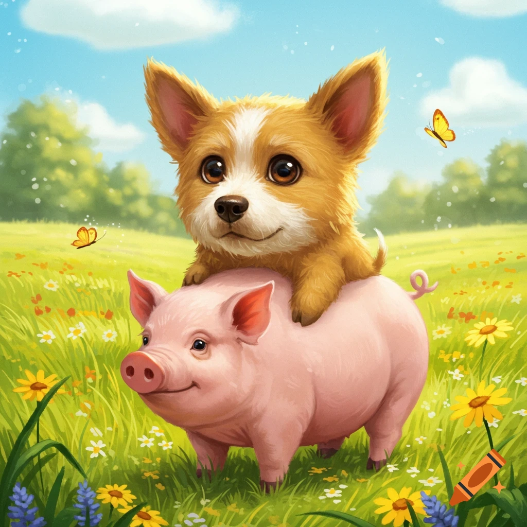 A cute, fluffy puppy rides on the back of a smiling pink pig in a sunny, green field with wildflowers and butterflies, in a cartoon style.