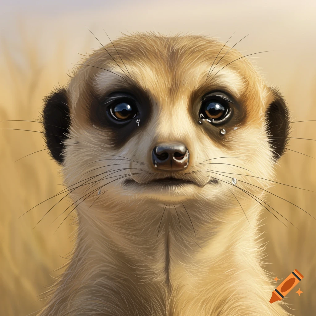 Close-up portrait of a sad meerkat with tears on its face, against a blurred sandy background.