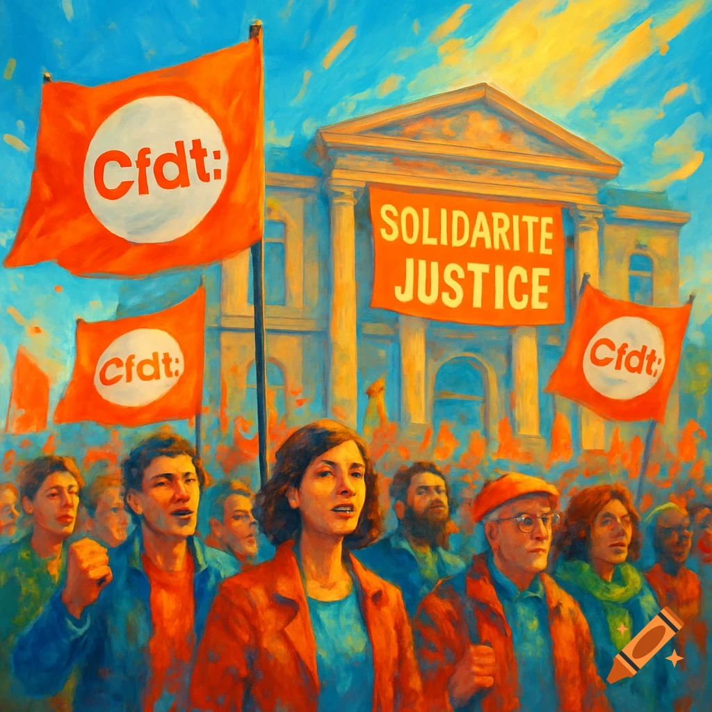 Painterly scene of a protest crowd holding red 'Cfdt:' flags and a 'SOLIDARITE JUSTICE' banner in front of a building.