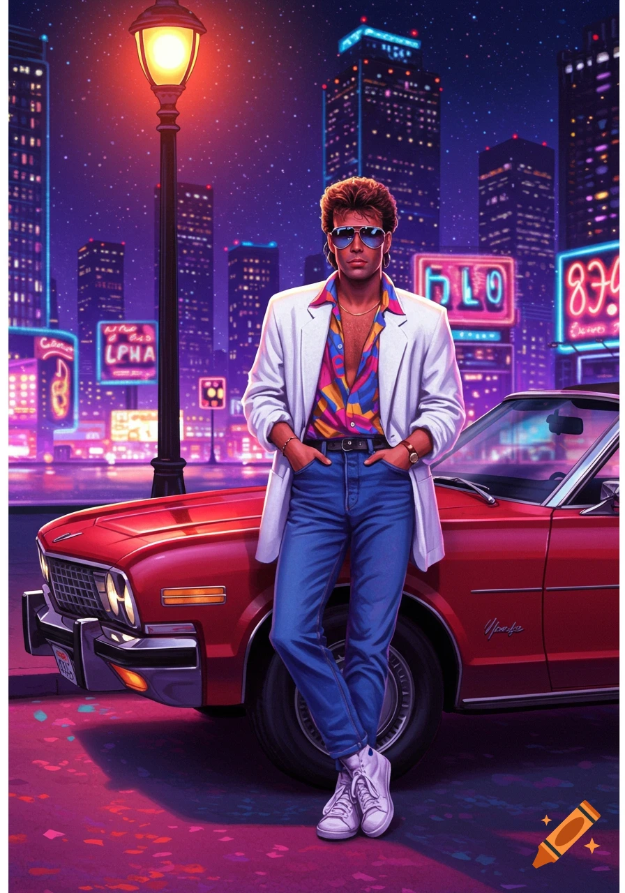 A man in 80s attire, sunglasses, white jacket, and colorful shirt leans against a red car in a neon-lit city at night.