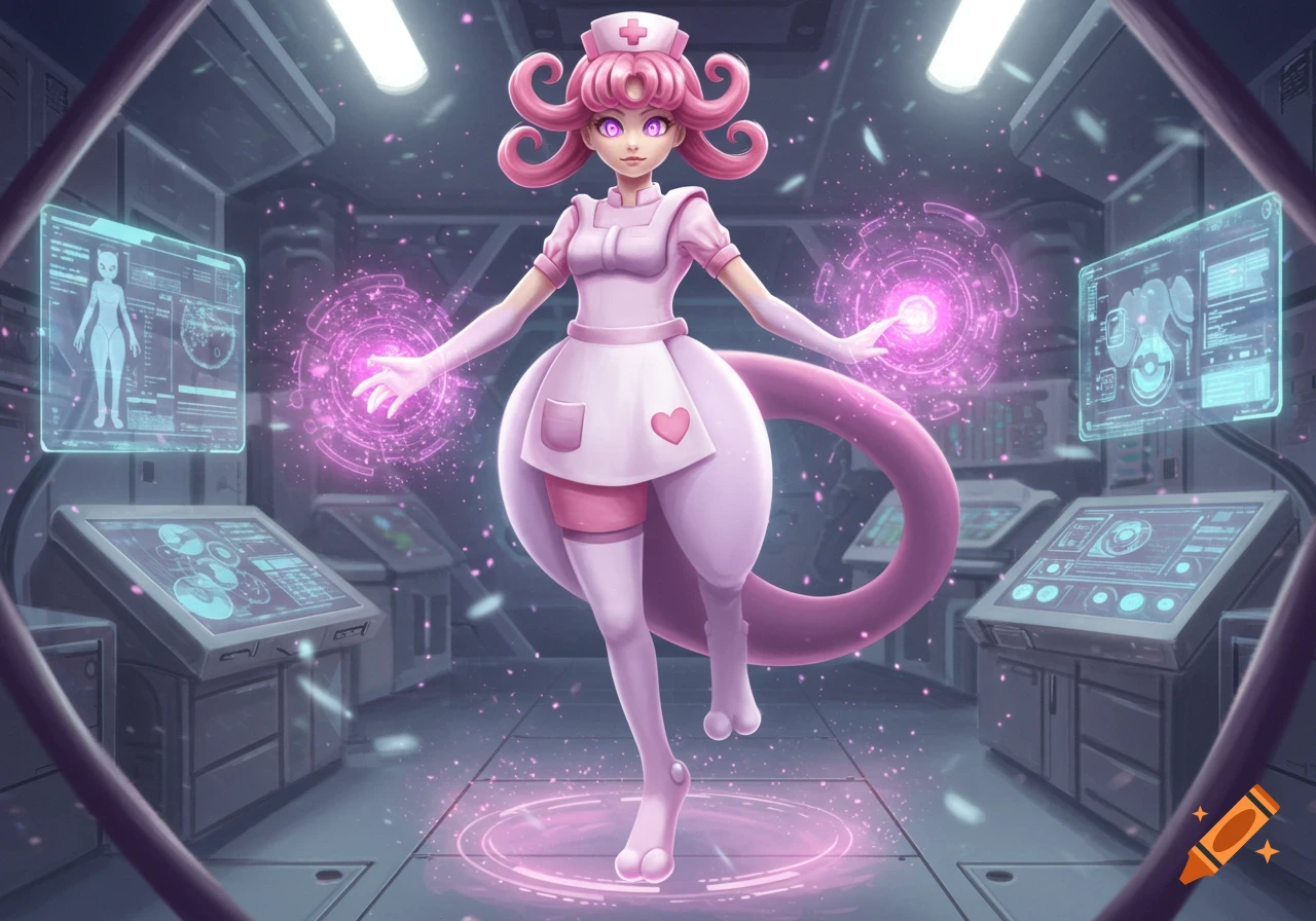 A pink-skinned, nurse-outfit-wearing character with curly pink hair and a long tail, styled like Mewtwo, stands in a sci-fi medical lab.