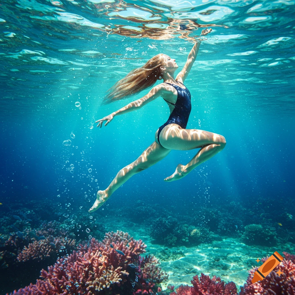 A woman in a dark swimsuit gracefully swims underwater near a colorful coral reef, with light dappling from the surface.