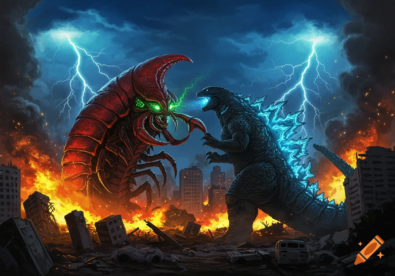 Godzilla fights a red insect-like monster in a burning city under a lightning storm, epic fantasy illustration.