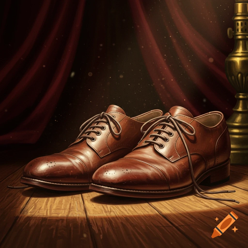 A pair of shiny brown leather dress shoes with untied laces sits on a wooden stage floor, against red curtains and a brass lamp.