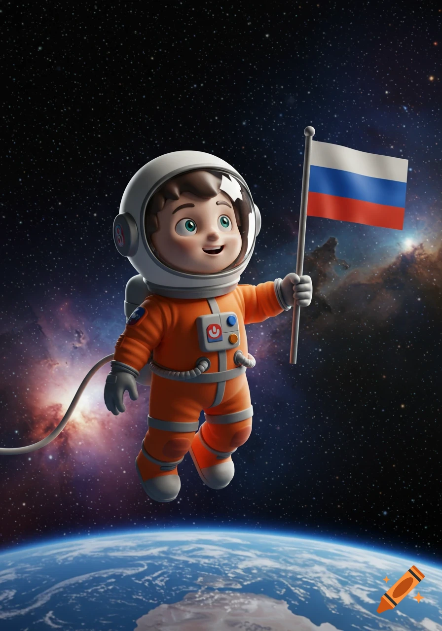 A friendly 3D cartoon child astronaut in an orange spacesuit floats above Earth, holding a Russian flag.