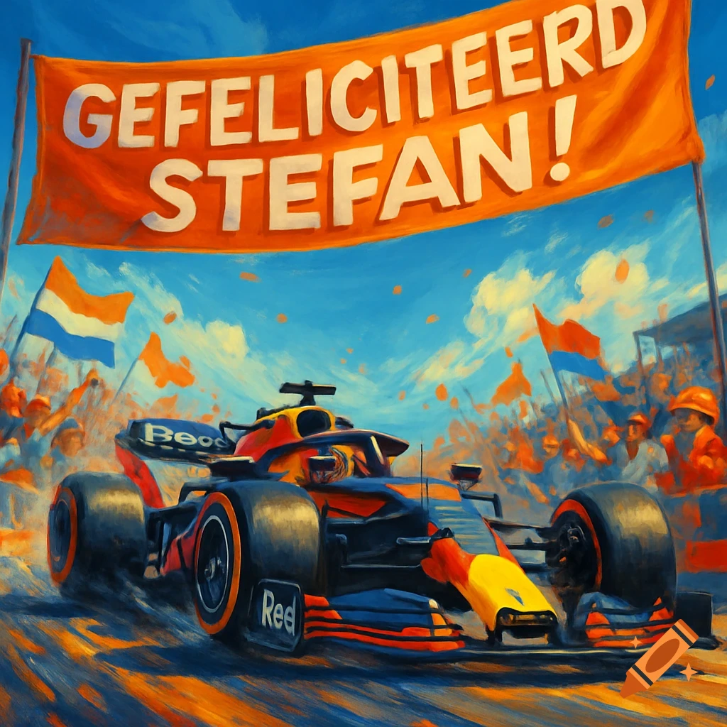 Vibrant, painterly image of a Formula 1 race car passing a cheering crowd under a 'GEFELICITEERD STEFAN!' banner with Dutch flags.