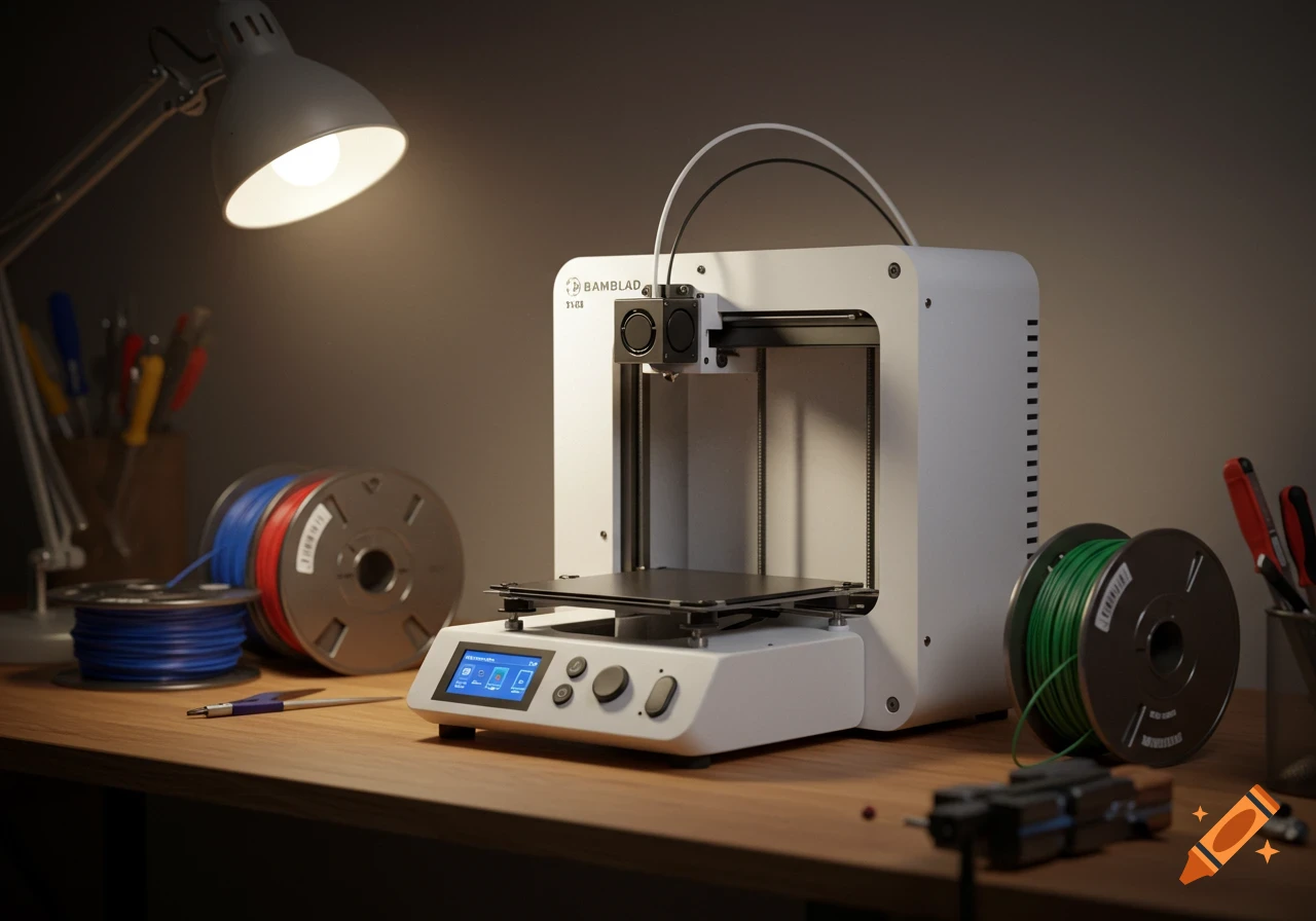 Photorealistic image of a white 3D printer on a wooden desk, lit by a desk lamp, with various colored filament spools.