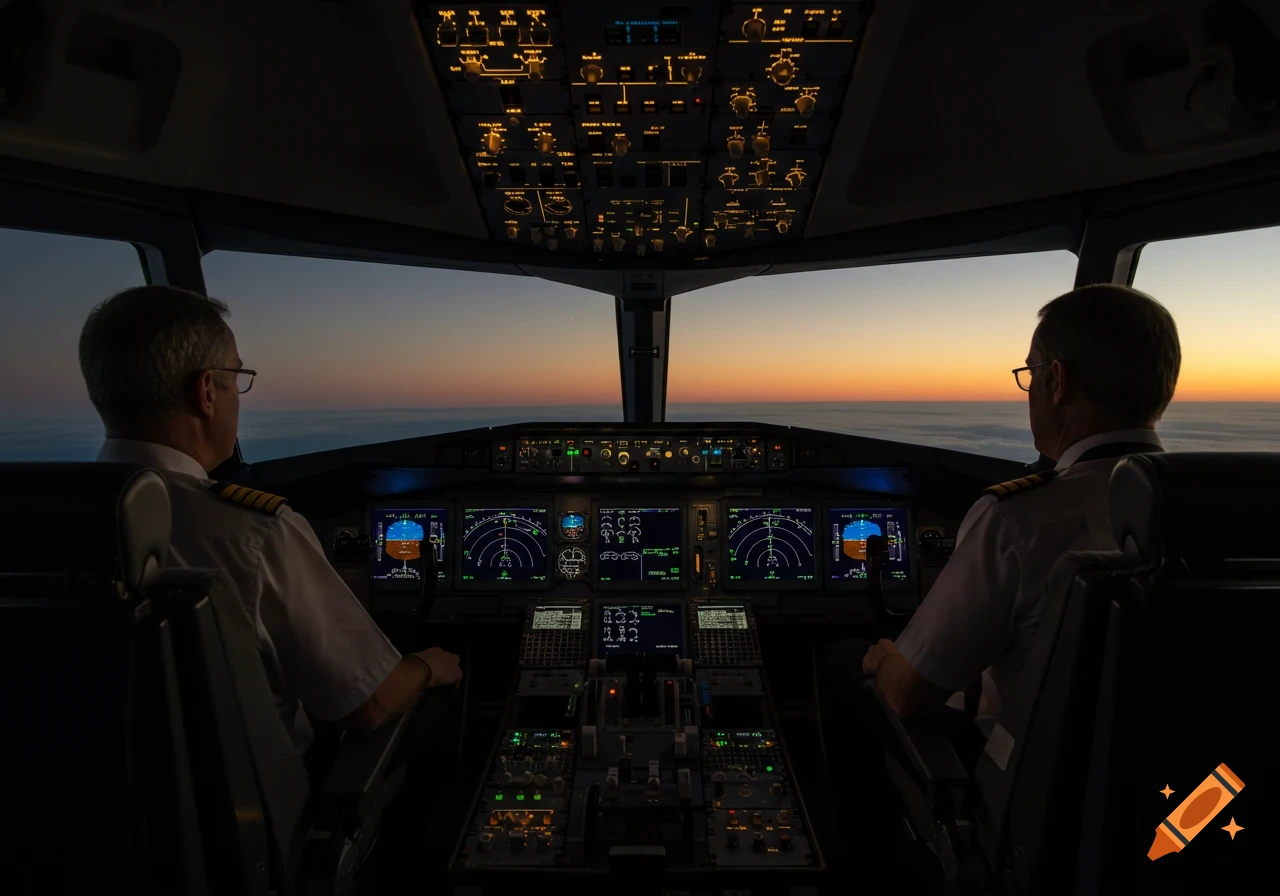 Two pilots in an airplane cockpit view the sunset over clouds, photorealistic.