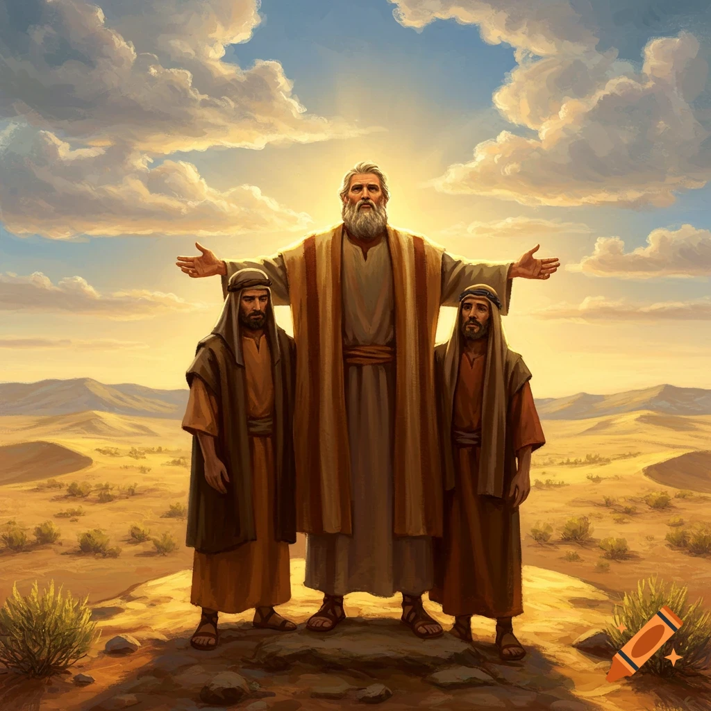 Moses with arms outstretched, supported by two men in a desert landscape under a cloudy sky, painted in a realistic style.