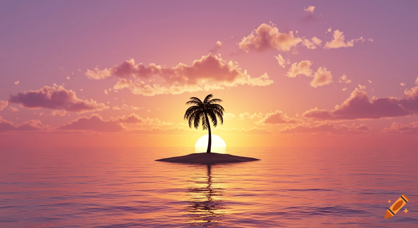A solitary palm tree on a tiny island in the ocean at sunset with pink and orange clouds.
