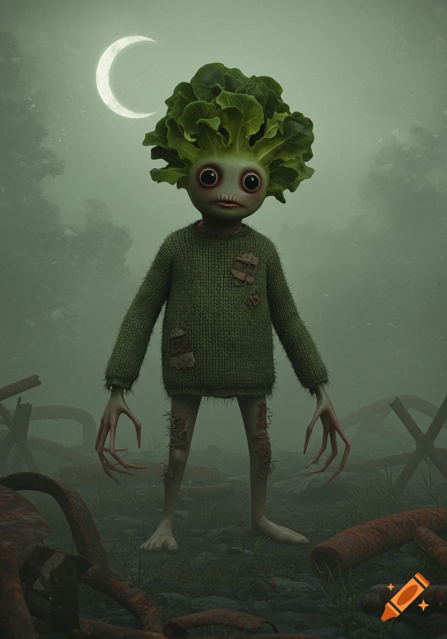 An eerie, thin, green-skinned creature with lettuce hair, large black eyes, long claw-like fingers, and a patched sweater stands in a foggy, desolate landscape under a crescent moon.
