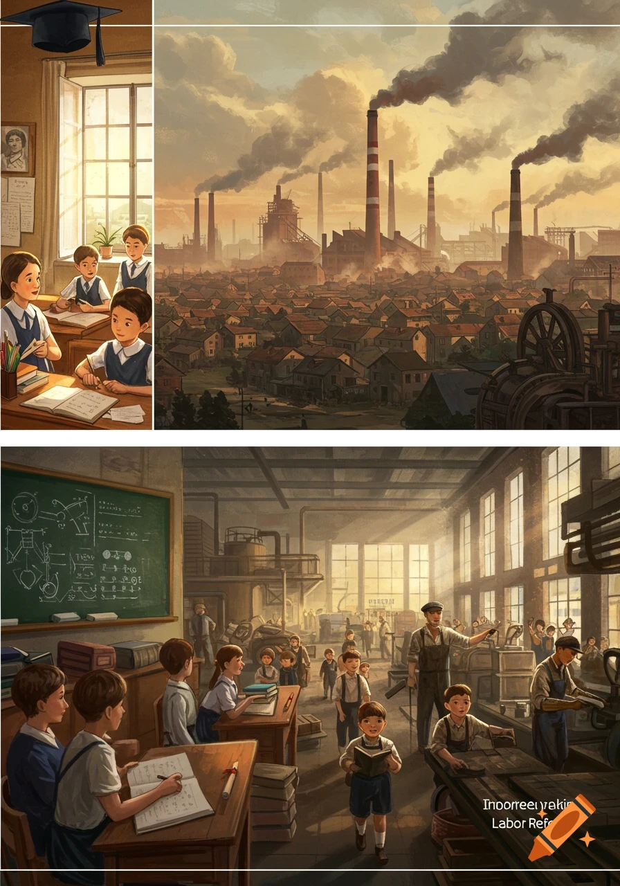 A split image depicting children in a classroom and an industrial city with factories, alongside a scene of children leaving a factory with books, emphasizing labor reforms.
