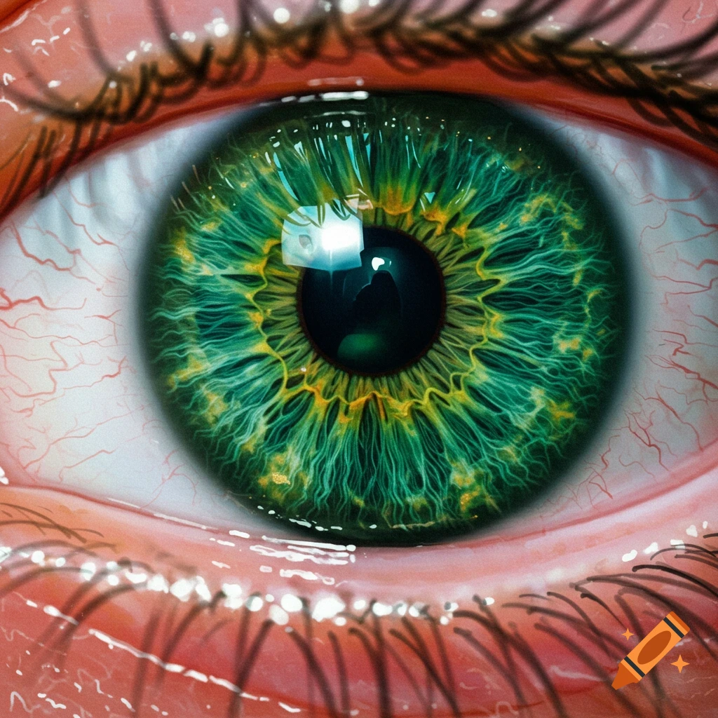 Extreme close-up of a human eye with a detailed, vibrant green iris and visible red blood vessels in the white.