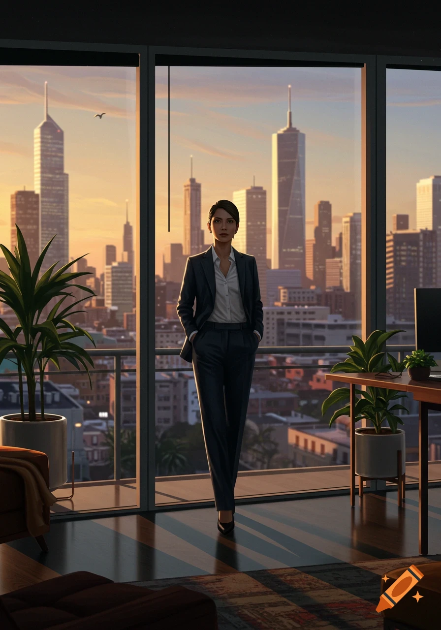 A professional woman in a suit stands in a modern office overlooking a sunset cityscape.