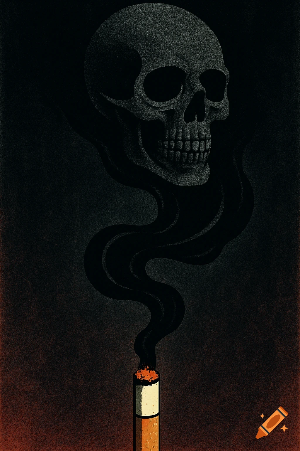 A surreal illustration of a cigarette with smoke rising to form a dark, stylized skull against a shadowy background.