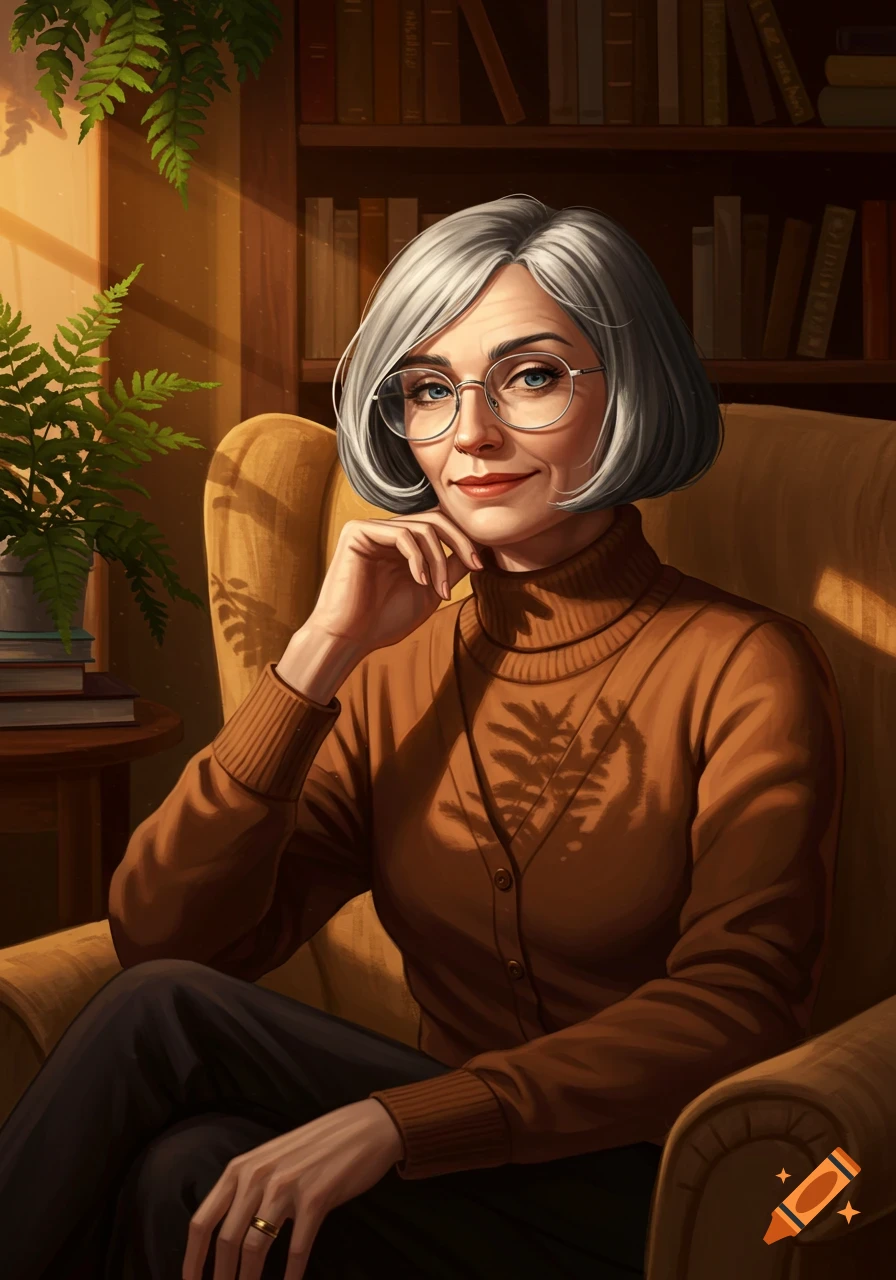 A smiling older woman with gray hair and glasses sits in a yellow armchair in a sunlit library, digital painting.
