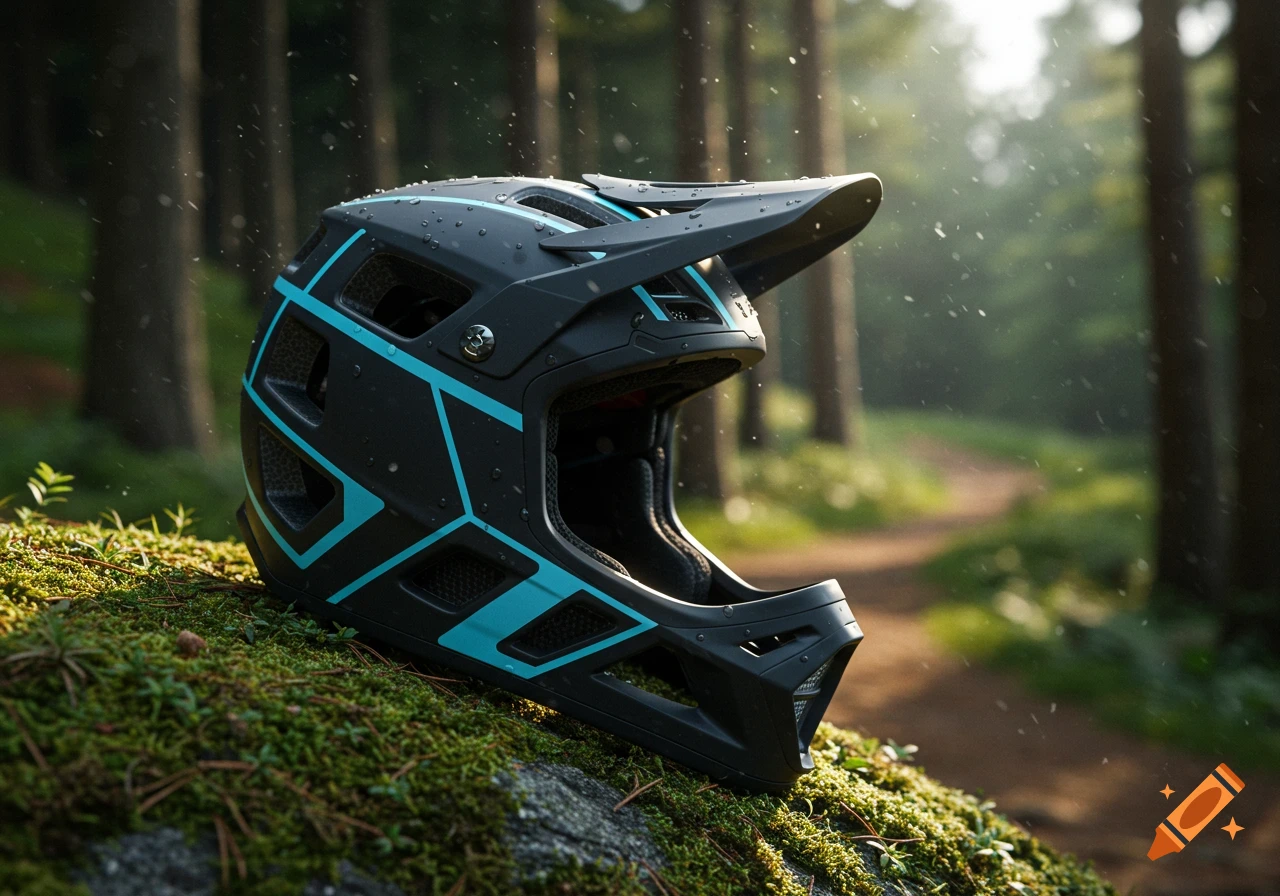 A black and teal mountain bike helmet with water droplets sits on moss in a sunlit forest.