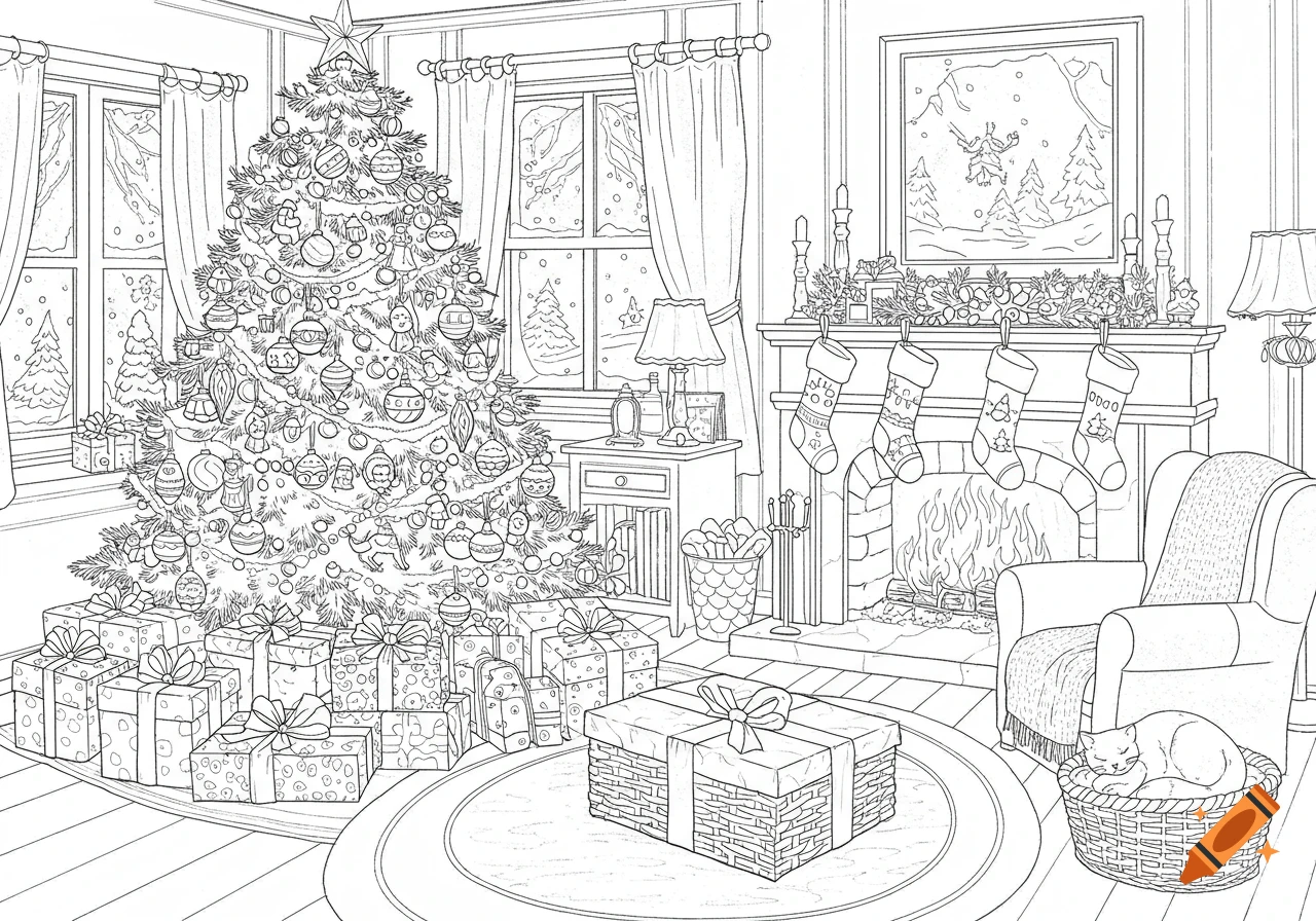 A black and white coloring page of a festive Christmas living room with a decorated tree, presents, a fireplace, and a sleeping cat.
