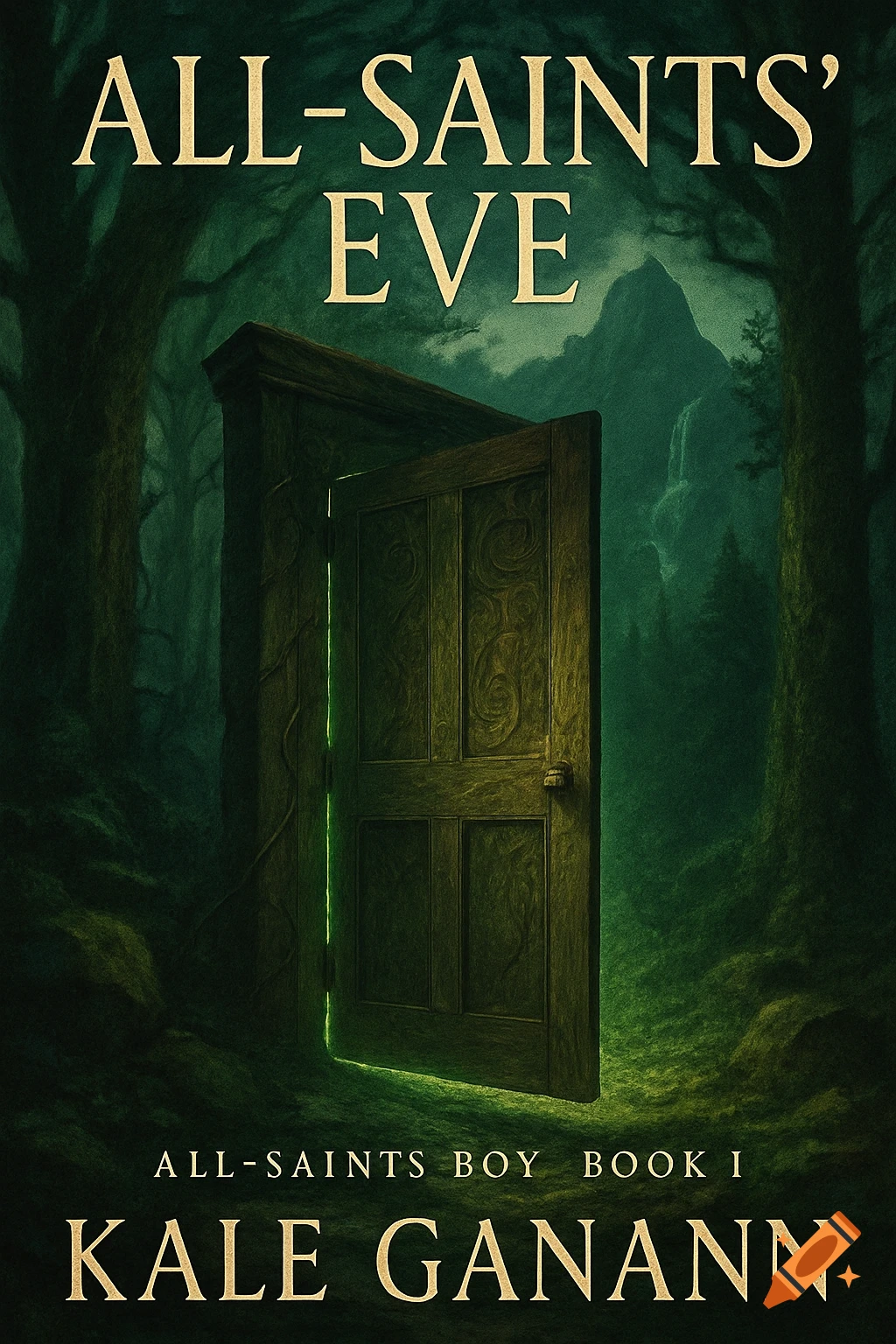 A dark fantasy book cover featuring an old wooden door slightly ajar in a mystical, shadowy forest, emitting a green glow from within. Text reads "ALL-SAINTS' EVE" by Kale Ganann.
