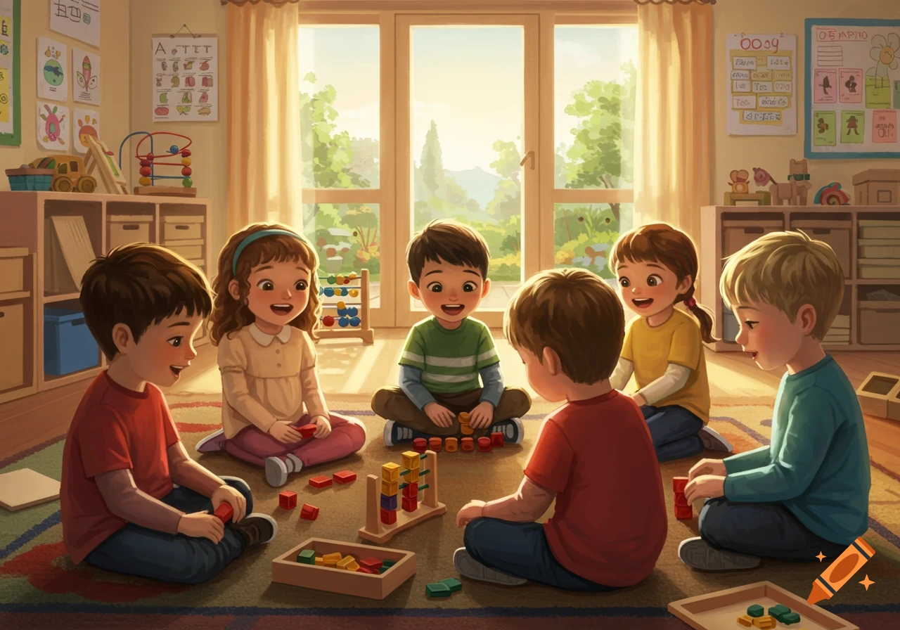 A group of happy kindergarteners sit on a colorful rug playing with blocks and an abacus in a bright, illustrated classroom.