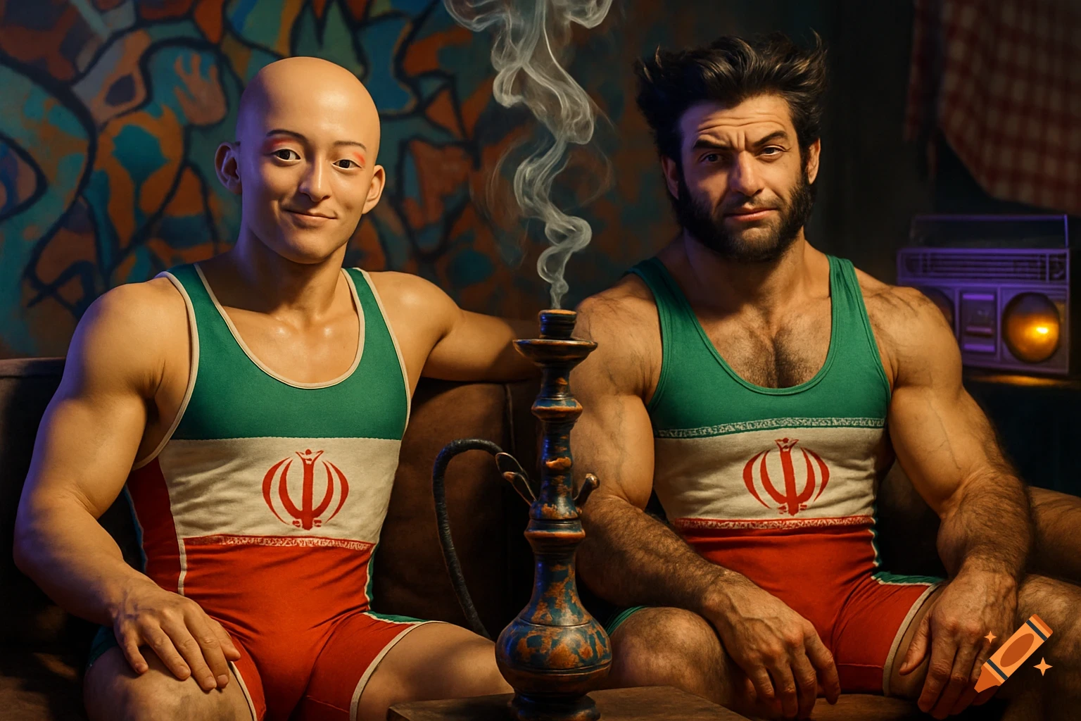 Two muscular men in Iranian flag wrestling singlets sit on a sofa with a hookah between them. One is bald and smiling, the other is rugged with a beard. Photorealistic.