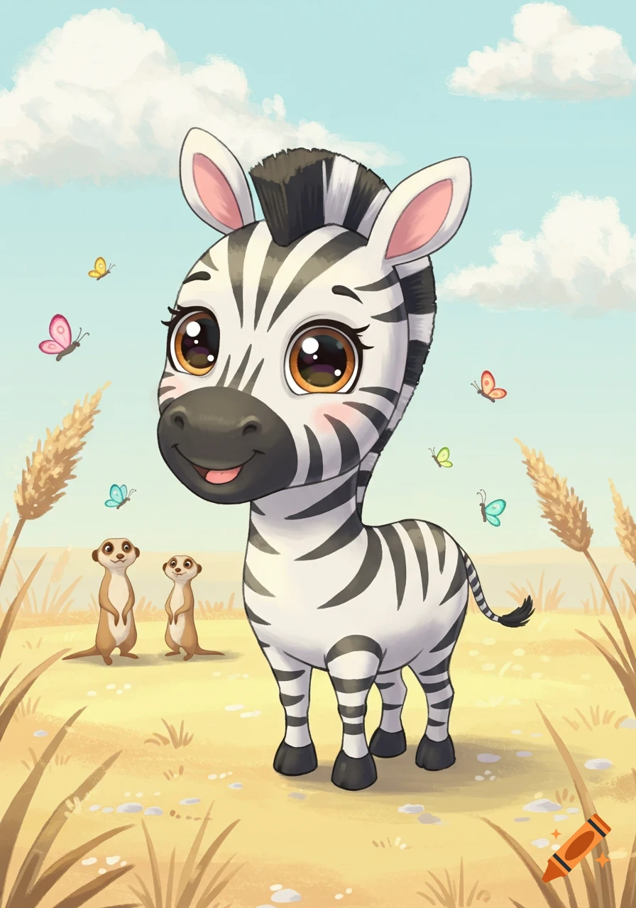 A cute cartoon baby zebra smiles in a sunny field with two meerkats and colorful butterflies.