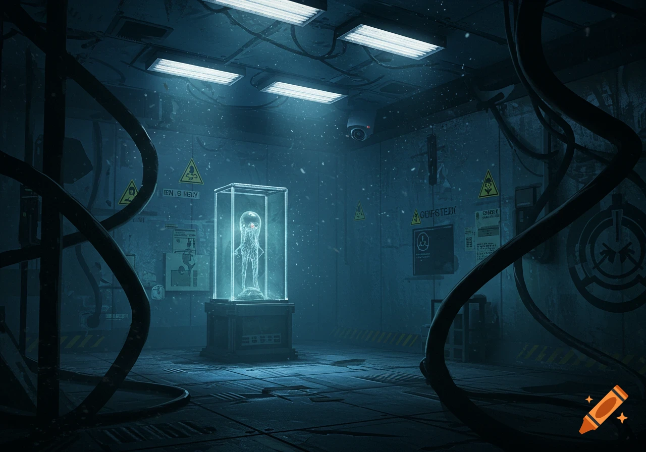 A glowing alien creature in a transparent containment chamber in a dark, grimy sci-fi lab with wires and warning signs.