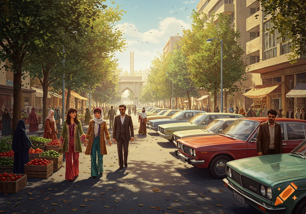 A vibrant, painterly street scene of Tehran in the 1970s, with people strolling past vintage cars and market stalls under sun-dappled trees. An ornate archway is visible in the background.