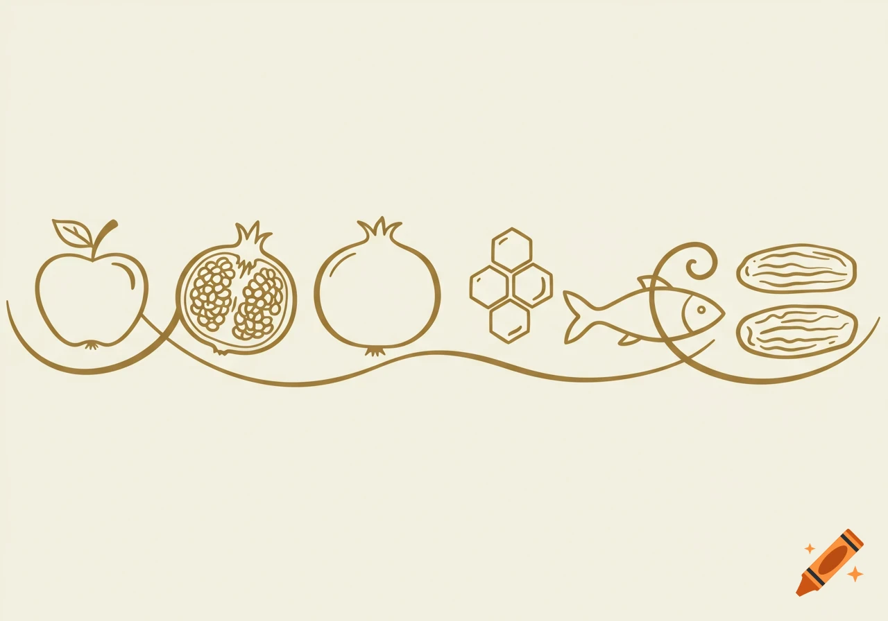 A minimalist gold outline sketch of an apple, sliced pomegranate, whole pomegranate, honeycomb, fish, and dates connected by a decorative wavy line.