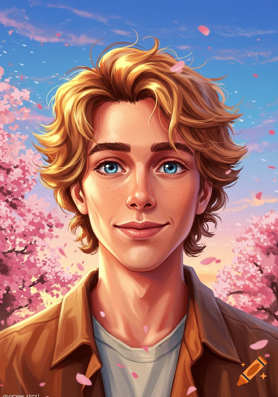 Digital illustration of a smiling young man with blonde curly hair and blue eyes, surrounded by pink cherry blossoms under a blue sky.