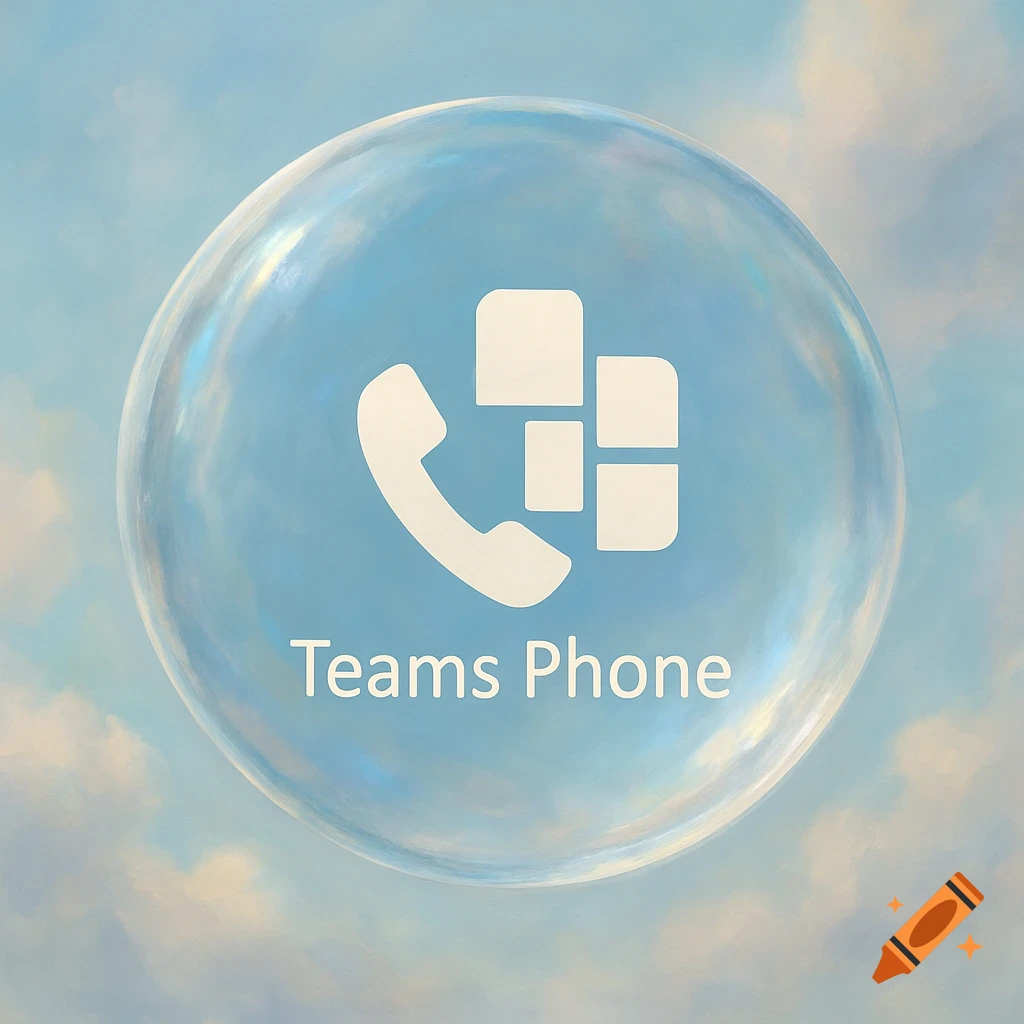 Microsoft Teams Phone logo and text inside a transparent bubble against a blue sky with clouds.