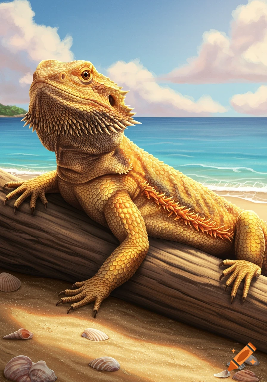 A detailed digital painting of a golden bearded dragon resting on a log on a sandy beach with the ocean and clouds in the background.