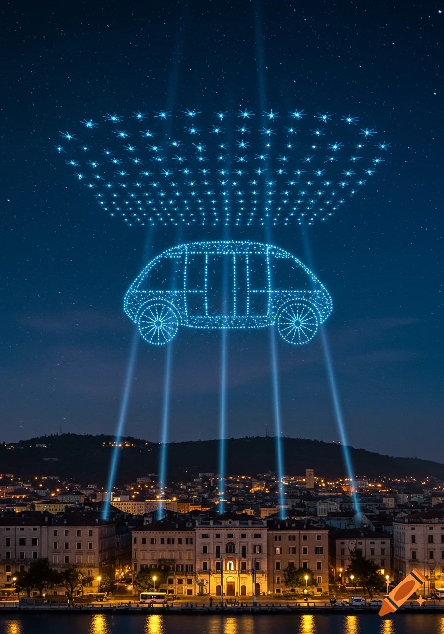A bright blue drone show creates a large carriage silhouette in the night sky above a lit city waterfront.