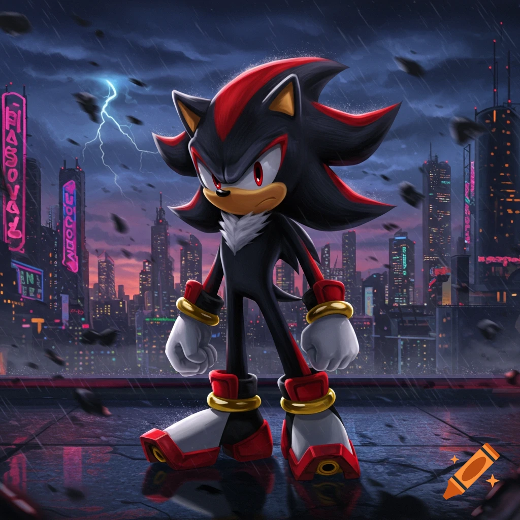 Shadow the Hedgehog stands on a wet rooftop overlooking a neon-lit futuristic city at night, with rain and lightning.