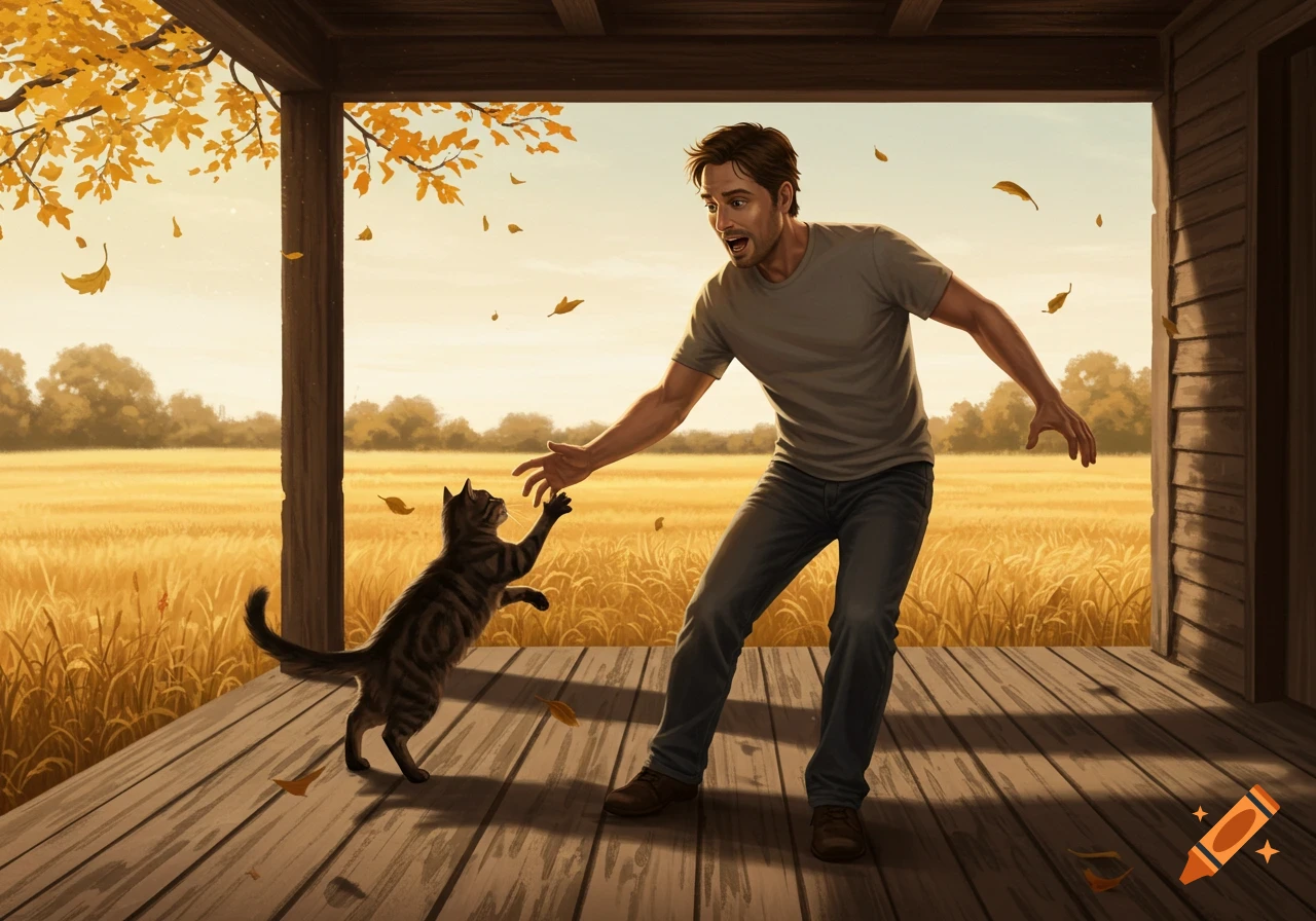 Illustration of a man playfully reaching for a tabby cat on a wooden porch, with an autumn field and trees in the background.