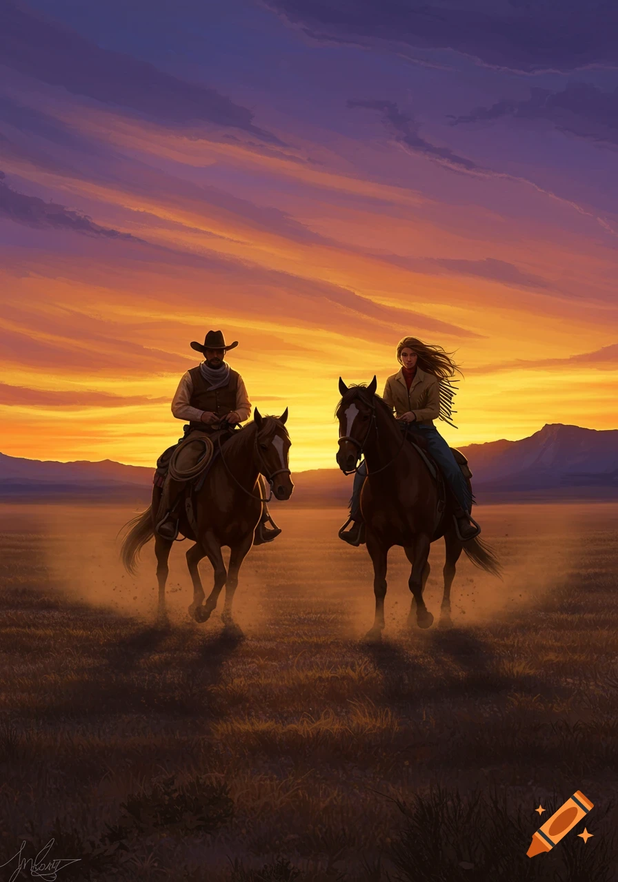 Digital painting of a cowboy and cowgirl riding horses across a dusty plain at sunset with mountains in the distance.