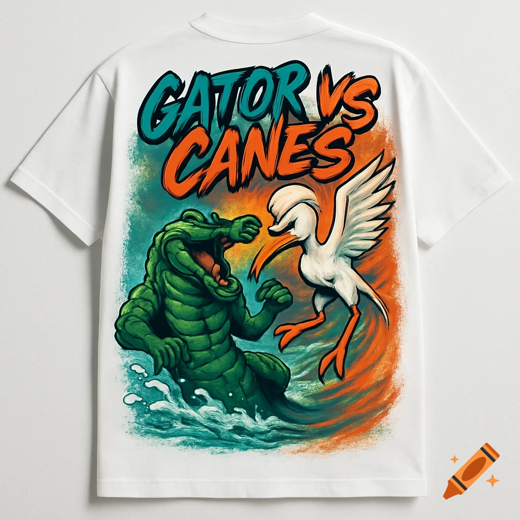 White T-shirt with an energetic illustration of a green alligator and a white ibis battling, with 'GATOR VS CANES' text.