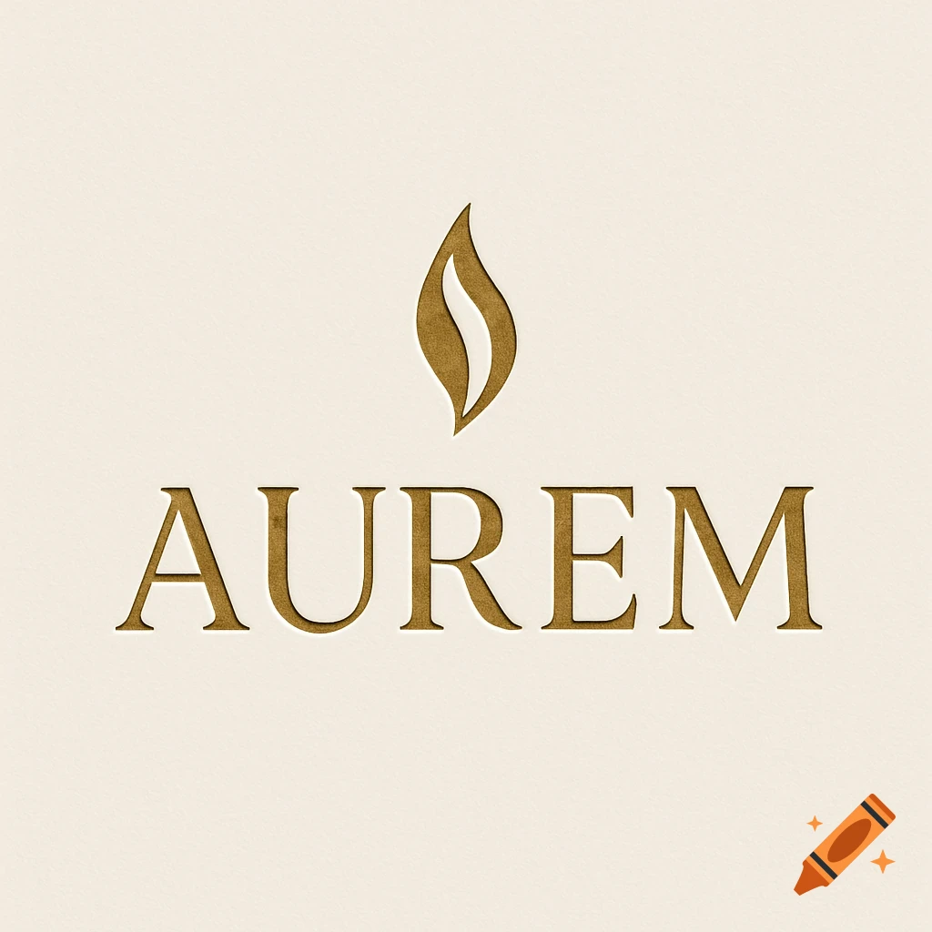 Minimalist gold embossed logo for AUREM, featuring a stylized leaf or flame icon above the brand name on a cream background.