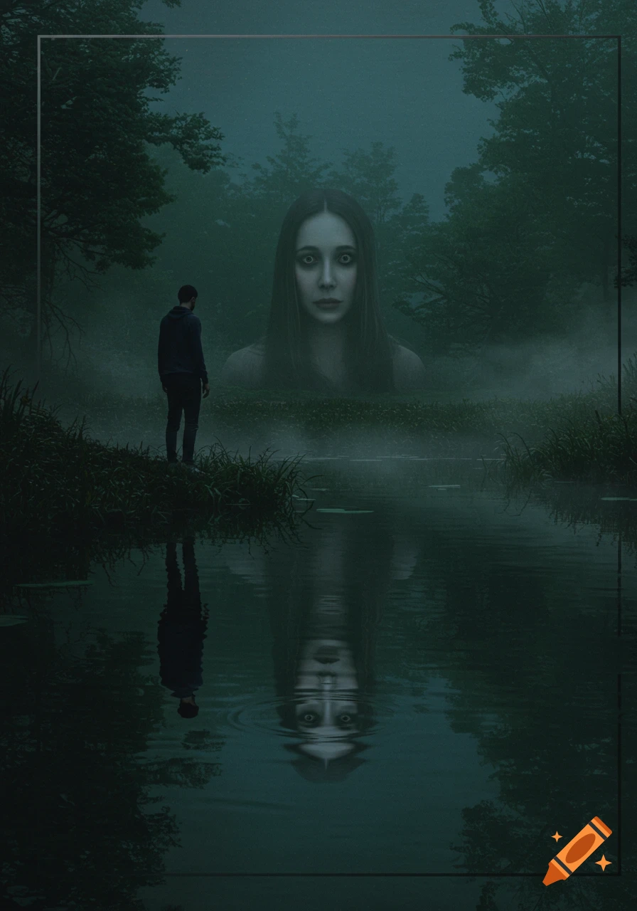 A man stands on a grassy bank looking at a pond. Above the water, a giant ghostly woman's face with wide, white eyes emerges from the mist, reflected in the dark water below. The scene is dark and eerie.