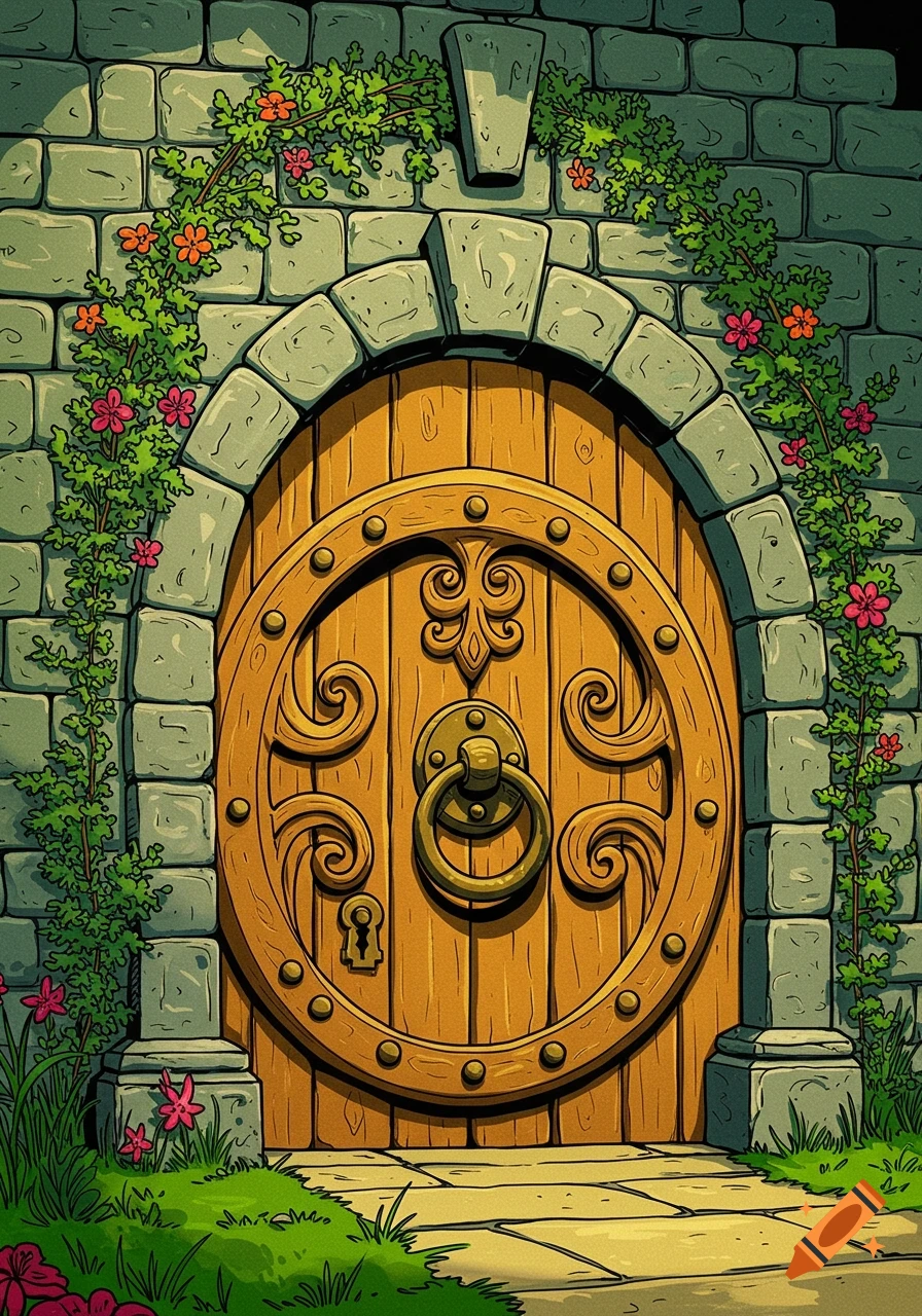 A wooden arched door with a large ring handle, set in a stone wall covered in green vines and small flowers, in a comic art style.