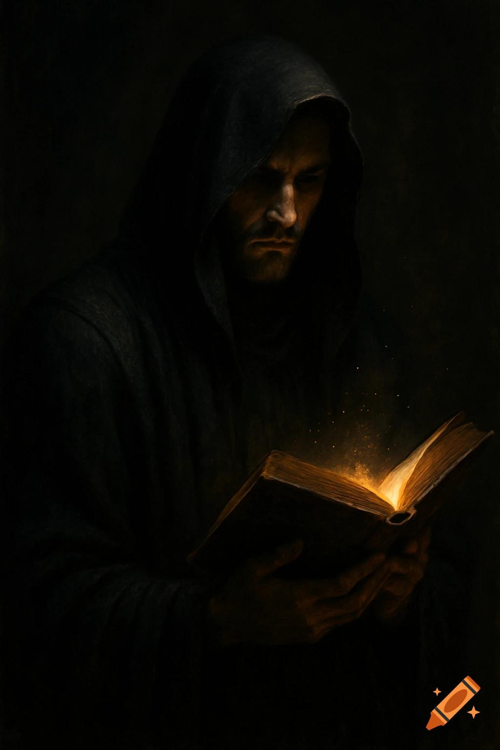 A man in a dark hooded cloak reads an open book glowing with golden light in a dark setting.