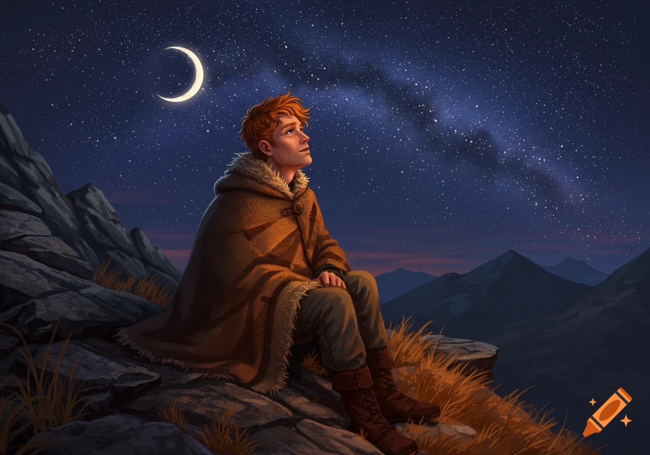 A red-haired man in a fur-trimmed cloak sits on a rocky mountain, looking up at a starry night sky with a crescent moon. Illustration.