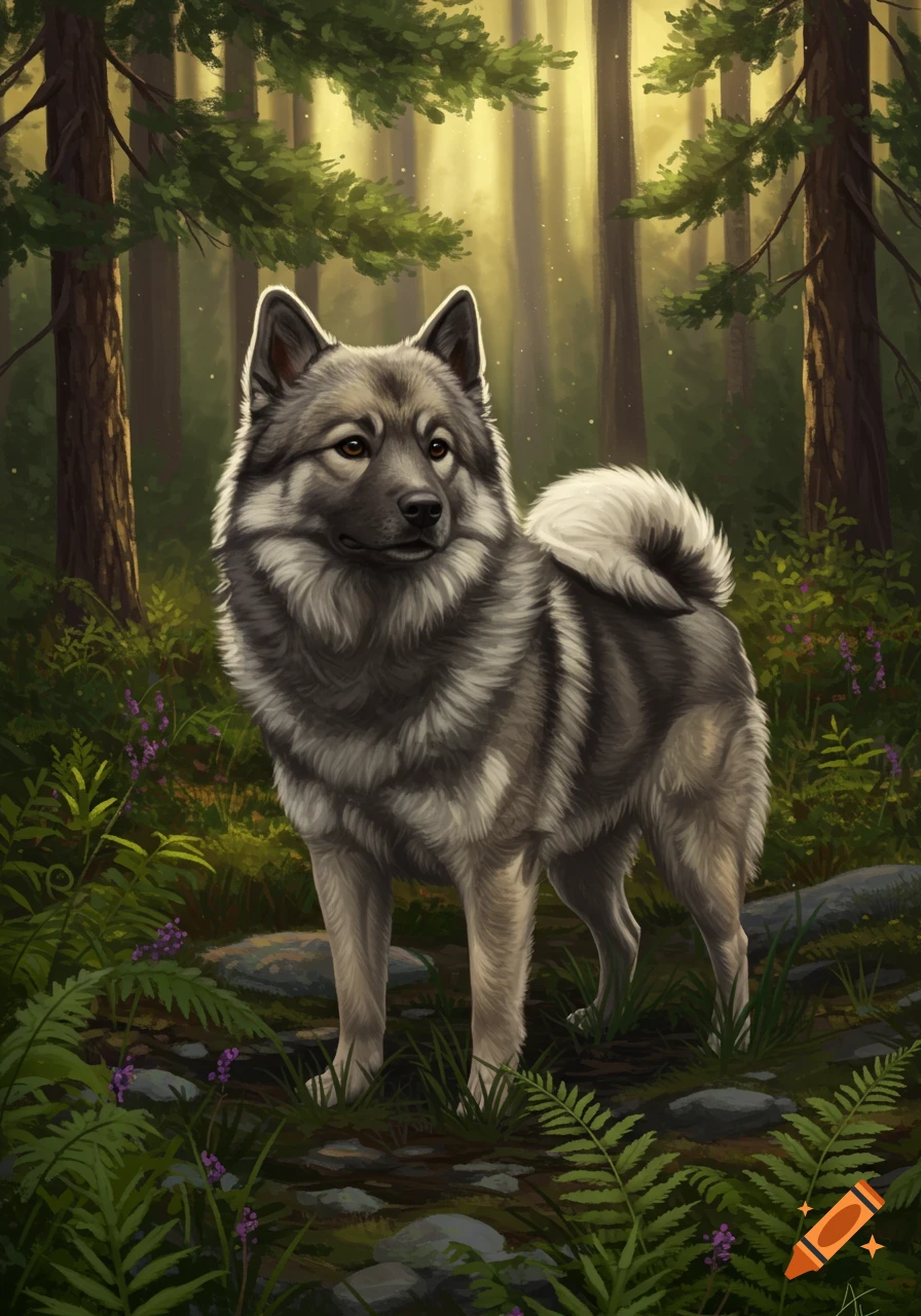 A fluffy gray and black dog with a curled tail stands in a sunlit forest, surrounded by ferns and trees, in a digital painting.