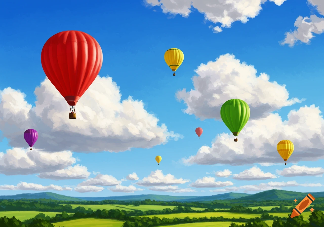 Colorful hot air balloons float across a bright blue sky with puffy white clouds over a lush green landscape, digital painting style.